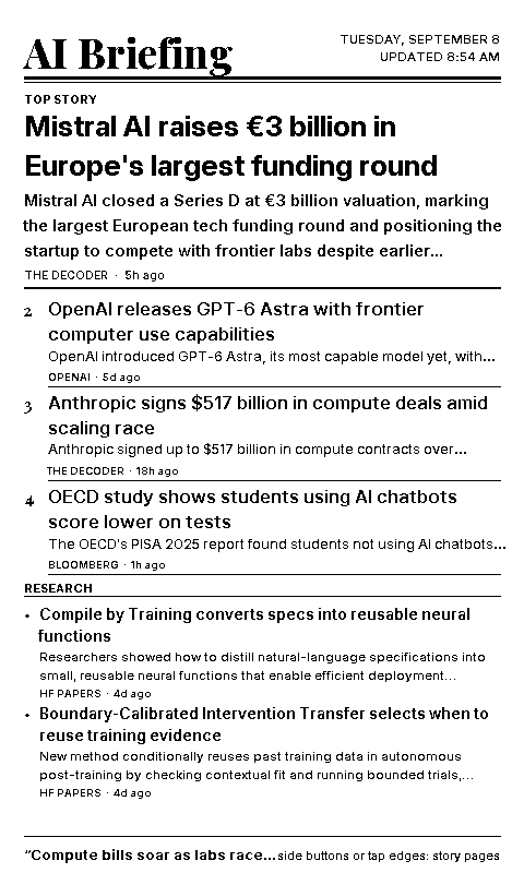 Front page of the AI briefing rendered for a 480x800 e-ink screen